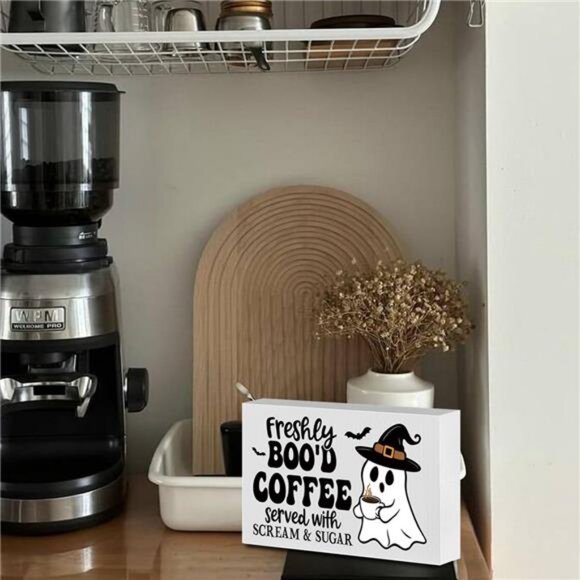 Cute Halloween Kitchen Decor Wood Box Coffee Bar Sign Halloween Signs Indoor - Picture 5 of 7